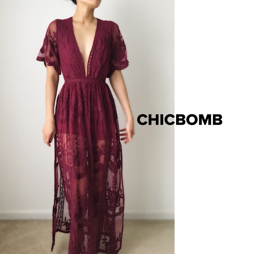 HAILEY SEXY DEEP V DRESS. DEEP BURGUNDY - Picture 4 of 5